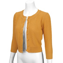 YEMAK Women's Cropped Cardigan Sweater – 3/4 Sleeve Crewneck Basic Classic Casual Button Down Soft Crochet Knit Top MK3514-BRZ-2X