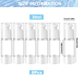 ZDNT Pack of 6 30 ml Airless Pump Dispenser, Cream Dispenser Pump Bottle, Empty, Refillable Vacuum Cosmetic Container, Vacuum Travel Bottles for Filling for Travel Lotions Shampoo Cosmetics
