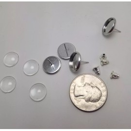 DIY Blank Silver Stud Back Earrings with 12 mm glass Cobochons 8 pc lot Bezels