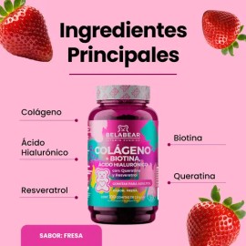 Belabear Colágeno + Biotina Y Ácido Hialurónico 100 Gomitas Sabor Fresa