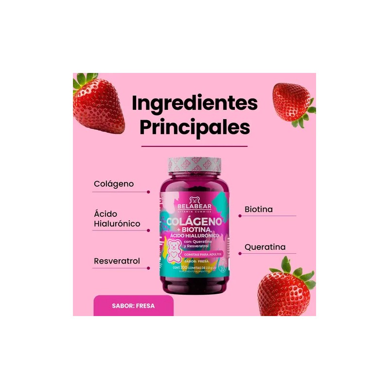 Belabear Colágeno + Biotina Y Ácido Hialurónico 100 Gomitas Sabor