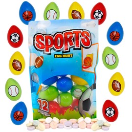 Sports Themed Candy Filled Easter Eggs, Assorted Sport Ball Designs with Individually Wrapped Candies Inside, Egg Hunt Supplies and Party Favors, 12 Total