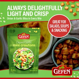 Gefen Onion Garlic Mini Croutons, 12 oz | Mini Croutons for Salad, Soup and Snacking | Dairy Free Seasoned Croutons | Vegan