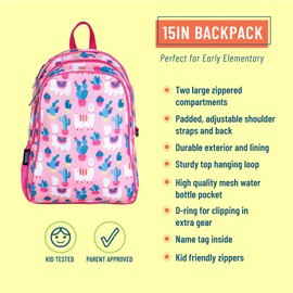 Wildkin 15-Inch Kids Backpack for Boys & Girls, Perfect for Early Elementary Daycare School Travel, Features Padded Back & Adjustable Strap (Llamas and Cactus)