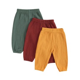 Thilsidee 3 Pack Toddler Baby Boy Girl Solid Color Pants Elastic Waist Casual Trousers Spring Fall Winter Long Pants Joggers (D-Cotton Linen Green+Coffee+Yellow,2-3T)