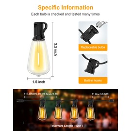 Doukedge 120 FT LED Outdoor String Lights, 2700K LED Patio Lights with 60+3 Shatterproof Vintage Bulbs, Hanging String Lights Waterproof Outside for Porch, Backyard, Garden, Gazebo