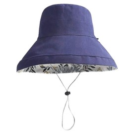 Micoop Women's Linen Cotton UPF 50+ Sun Hat Reversible Bucket Hat with Wide Fold-Up Brim and Chin Strap (Dark Blue)