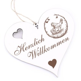 Herzlich Willkommen Sign, Chicken with Egg Basket, Decorative Heart Wooden Welcome Sign, Door Sign, Door Decoration