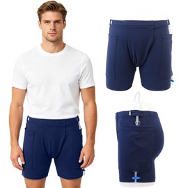 Urine Bag Shorts for Men, Incontinence Care Trousers, Catheter Bag Shorts with Double Pocket, Postoperative Care Ostomy Stoma, Comfortable, Machine Washable, Blue