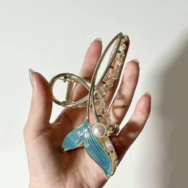 Blue Fish Tail Metal Hair Claw Clips, Large Hair Claw Nonslip Barrettes Non-Slip No Broken Strong Hold Clamps Fashion Accessories for Girls Woman With Long Thick Thin Curly