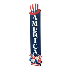 Glitzhome Patriotic Porch Sign 42" 4th of July Wooden Decor with American Flag & Uncle Sam Hat Rustic Outdoor Indoor Welcome Sign for Independence Day Memorial Day
