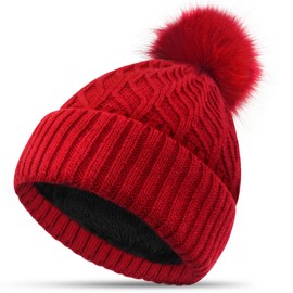 FORVEVO Winter Hats for Women Bobble Hat Red Beanie Hats Double Fleece Layer Line with Pom Pom Wooly Hats Women