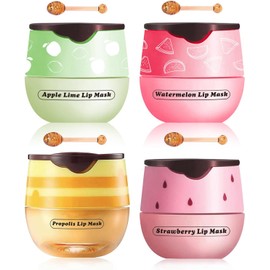 4 piezas de bálsamo labial de miel, mascarilla labial de fresa, manzana y sandía, mascarilla hidratante para dormir para labios, repara e hidrata y previene los labios secos y agrietados (miel,