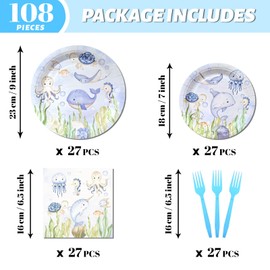 zczsosomo 108 Pcs Undersea Plates Napkins and Forks Dinnerware Set Undersea Theme Party Tableware Supplies Cute Ocean Animals Disposable Dinnerware Birthday Baby Shower Kids Party Decoration Serve 27