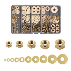 FEEIFOL 253 Pieces Brass Hex Nut and Washers Set 5 Thread Sizes M3 M4 M5 M6 M8