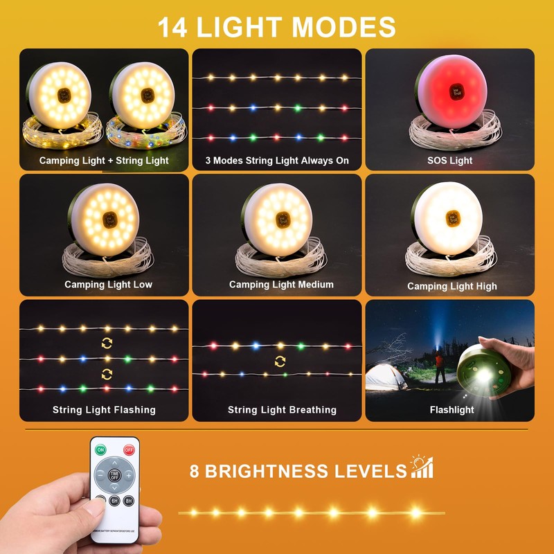 Camping String Lights, 4 in 1 Quick Storage 33FT Rechargeable