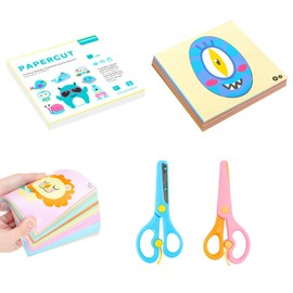 Paper Cutting，Kids Scissors Set - 2 Safety Scissors with 100 Colorful Paper Sheets, for Fine Motor Skills Development, Safe ABS Plastic, Kid-Friendly Design, Fun Crafting Kit, Ages 3+