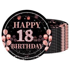 Paper Plates for 18th Birthday, Pack of 16 Disposable Birthday Plates, 18 cm Paper Plates for Boys and Girls, Black Rose Gold Paper Plates for Party Birthday, Happy 18th Birthday Disposable Plates for