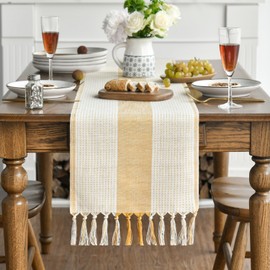 Artoid Mode Boho Yellow Rural Rustic Farmhouse Tassel Table Runner, Birthday Wedding Kitchen Dining Table Decoration Holiday Party Decor 33x183 cm