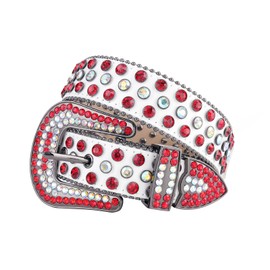 MINGSUN Rhinestone Belt for Men Women, Western Leather Belts Sparkle, Cowgirl Cowboy Shining Diamond Studded Belt for Jeans, 106 Red Multi, fits waist from 27"-29"