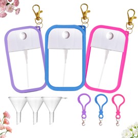 Silicone Case for Hand Sanitizer Spray,Protective Case with Keychain,Non-Slip Grip, 50ml Spray bottle&funnel (Purple+blue+red)