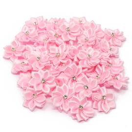 Light Pink 25mm Satin Ribbon Flowers with Rhinestone Diamante Centre, Craft Flowers (25)
