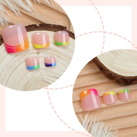 Rainbow Gradient French Tip False Toenails Colorful Press on Toenails Short Square Toe Nails Glossy Full Cover Toe Nails for Women
