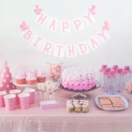 Pink Bow Happy Birthday Banner - Girls Birthday Party Decorations,Bow Theme Birthday Garland Photo Props,Happy Birthday Pink Banner For Little Princess,Pink Bow Wall Hanging Banner