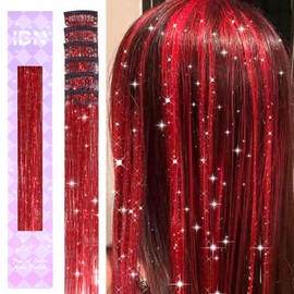 IDN BEAUTY Hair Tinsel Clip in, 6pcs Red Sparkling Tinsel Hair Extensions 3s Wear and Go for Party Daily Travel Birthday, 24Inch Hair Accessories for Girls Women Kids
