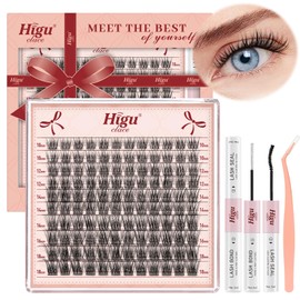 Wispy-Cluster-Lashes Kit 10-18mm, Natural-Lashes-Cluster Kit D curl, Higu clace Eyelashes- Individual kit with Lash Bond and Seal and Tweezers, DIY Lash Extensions Kit at Home(SLENDER01 10-18MM）