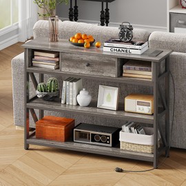 Mexin 39 Inch Console Table with 2 Outlet and 2 USB Ports, Entryway Table with Drawer and Storage Shelves, Narrow Sofa Table for Living Room and Hallway, Grey Oak