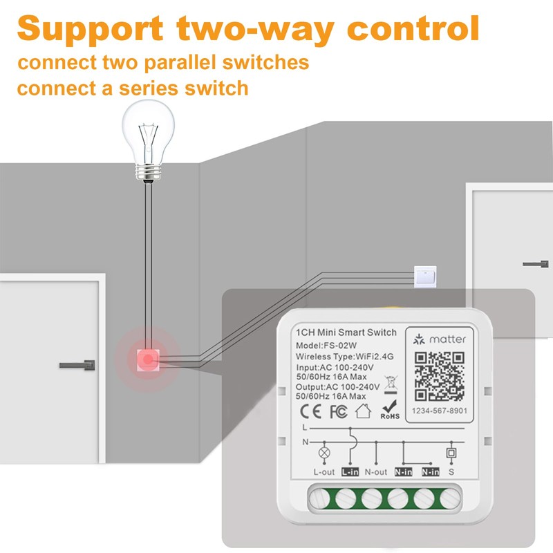2Pcs Matter Smart Switch 16A Mini DIY Light Switch Relay
