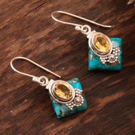 NOVICA Artisan Handmade Citrine Dangle Earrings Sterling Silver Reconstituted Turquoise India Gemstone Birthstone [1.5 in L x 0.6 in W x 0.4 in D] ' Kolkata Gold'