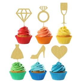 24Pack Wedding Cupcake Topper - Glitter Gold Love Heart, Ring, High heels, Diamond, Skirt Cupcake Picks, Bridal Shower Cupcake Decor (Gold)