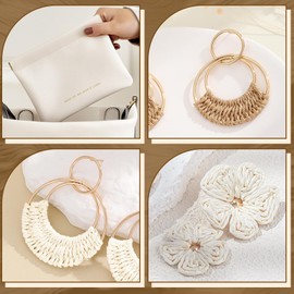 CRFASIBE 3 Pairs Women Floral Petal Rattan Earrings, Boho Summer Beach Dangle Straw Earrings, Raffia Stud Jewellery Set with Gift Bag for Ladies Girls (Style D)