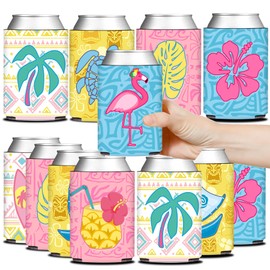 HAPPARTY 12PCS Hawaiian Luau Tropical Tribal Totem Drinks Can Sleeves, Summer Flamingo Beverage Beer Cooler Holder for Birthday Baby Shower Party Favor Gift Pool Beach Aloha Tiki Decoration Supplies
