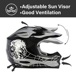 DOT Youth Kids Motocross Offroad Street Dirt Bike Helmet Youth Motorcycle ATV Helmet with Goggles Gloves Black Skull M