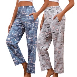 PNAEONG Women Cotton Pajama Pants Comfy Pj Bottoms Soft Printed Lounge Pant with Pockets Coffee+Good Night 2XL