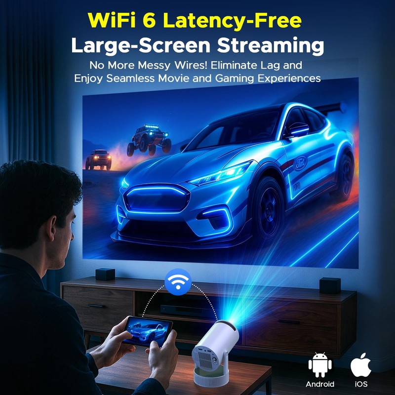 Mini Projector with WiFi and Bluetooth, Built-in Rechargeable Battery Support