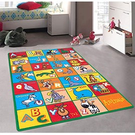 Kids/Baby Room/Daycare/Classroom/Playroom Area Rug Zoo Animals Lion Monkey Tiger Educational Fun Play Mat (5 Feet X 7 Feet)