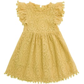 Cabahata Toddler Girls Lace Dress Pom Pom Ruffle Sleeve Kids Party Birthday Princess Dresses(Yellow, Tag 100/2T)