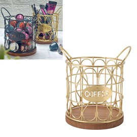 Zerodis Coffee Pod Holder, Modern Wire Basket with Wooden Base Coffee Capsule Organizer, Gold