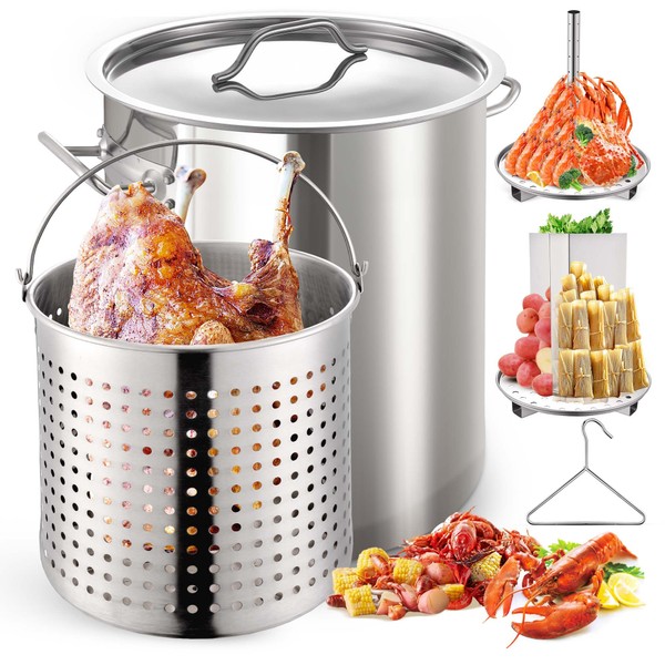 ARC 40QT Stainless Steel Stockpot 6-Piece For Turkey Fryer Pot with Basket and Steamer Rack,Boiling Cookware for Seafood Boil Pot,Tamale Steamer Pot,Crawfish Crab Shrimp Lobster Boil Pot with Strainer