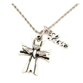 ChubbyChicoCharms Diving Dove Cross Stainless Steel Rope Chain Necklace with Cursive Love Accent
