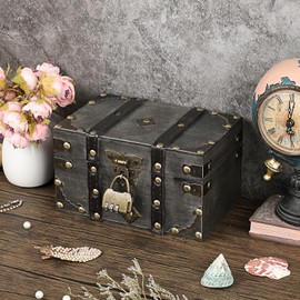 SUMNACON Wooden Vintage Treasure Chest Box with Lock, Decorative Souvenir Storage Box Keepsakes Storage Organizer Rectangle Jewelry Trinket Chest Grey Treasure Container (Small Size)