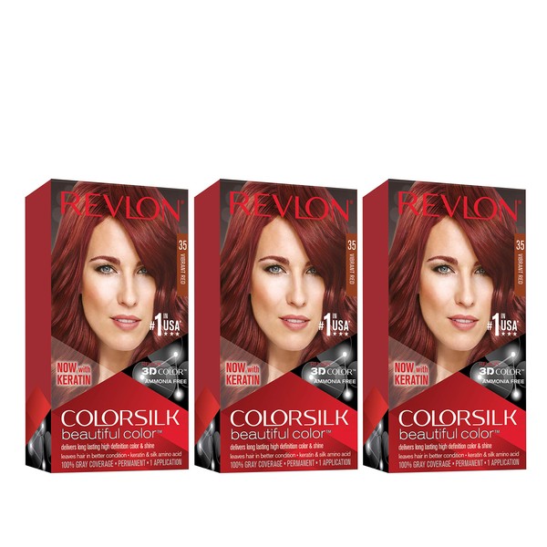 Revlon Colorsilk Beautiful Color Permanent Hair Color with 3D Gel Technology & Keratin, 100% Gray Coverage Hair Dye, 35 Vibrant Red, 4.4 oz (Pack of 3)