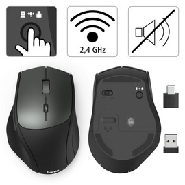 Hama, MW-600 Wireless Mouse with USB-C and USB-A (PC Mouse Wireless with 6 Buttons, Quiet, Optical Mouse with 1000/1500/2000/2400 dpi), Multi Device Mouse, Black