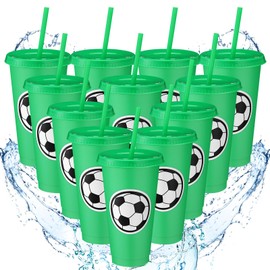 Domensi 12 Pcs Sport Soccer Plastic Cups with Lid and Straw 24 oz Reusable Plastic Cups Coffee Tumblers Gift for Fan Friend Guest Birthday Office Sport Party Supplies (Green)
