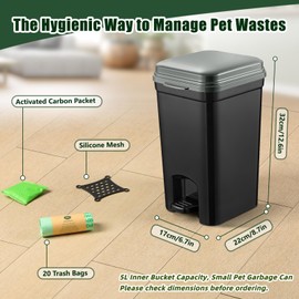 Mounting UP Small Trash Can for Dog Poop Cat Litter Outdoor & Indoor with Lid Hands-Free Pedal 5L/1.3 Gallon Inner Bin Bathroom Bedroom with 20 PCS Waste Bags & Activated Carbon Bag ABS-5L-GB