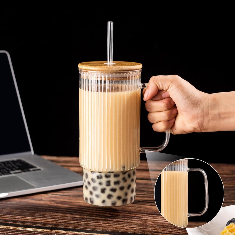 32oz Ribbed Glass Cup with Handle Bamboo Lid and Straw,